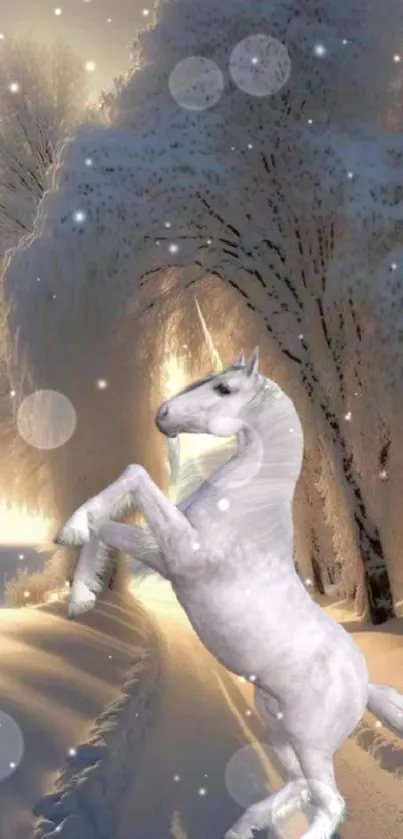 Majestic unicorn standing in snowy winter landscape under glowing sunset.