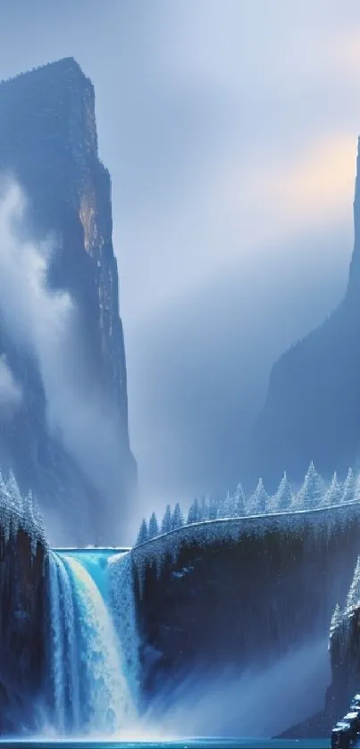 Majestic winter waterfall cascading between misty mountains in a serene landscape.