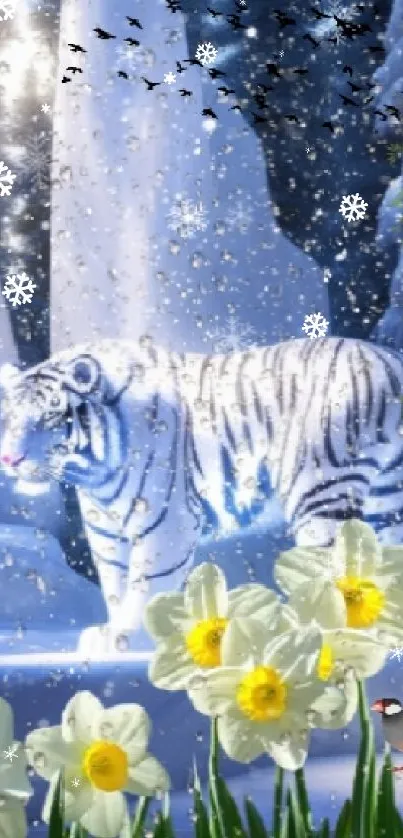 White tiger and birds in snowy landscape with flowers.