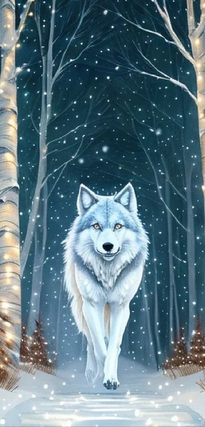 Majestic white wolf in snowy winter forest.