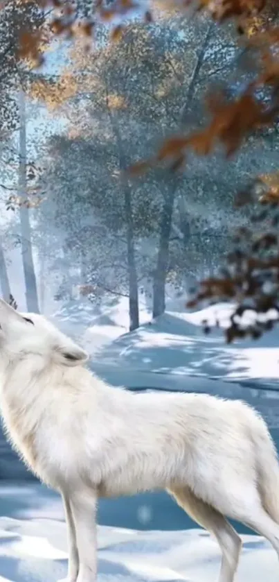 White wolf howling in snowy forest background.