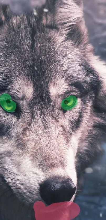 Majestic gray wolf in snowy forest with green eyes.