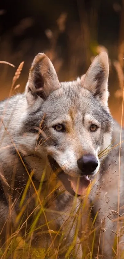 Majestic gray wolf in grassy wilderness setting.