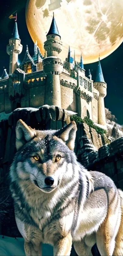 Majestic wolf stands before a castle under a full moon.