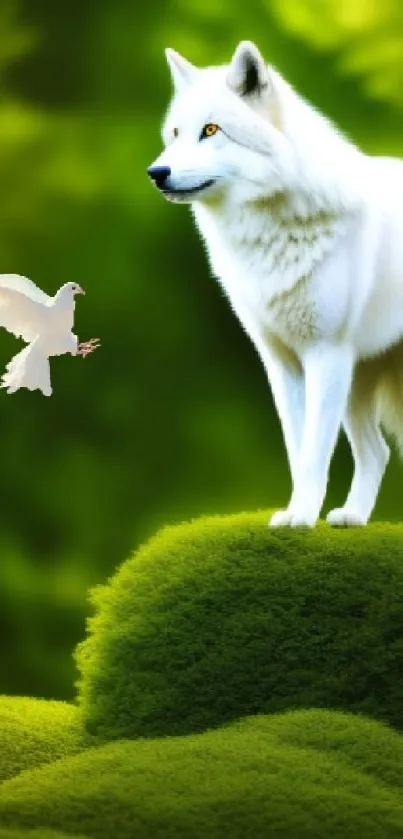 White wolf and dove in lush green forest, mobile wallpaper landscape.