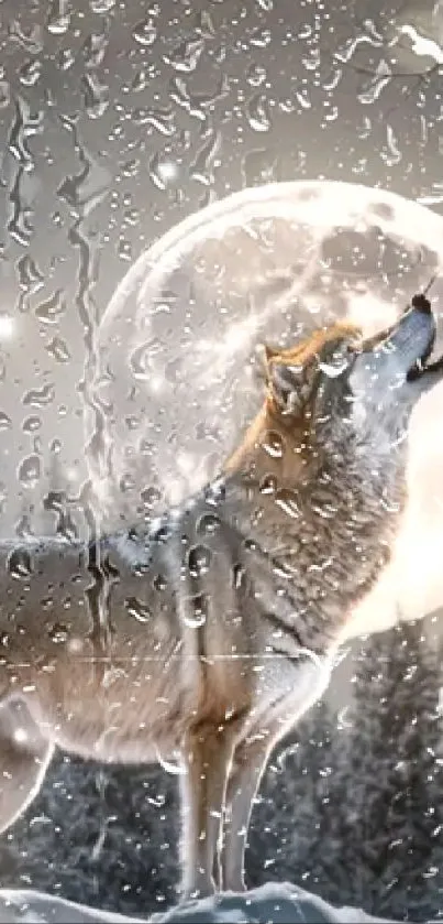 Wolf howling in snowy forest under a full moon.