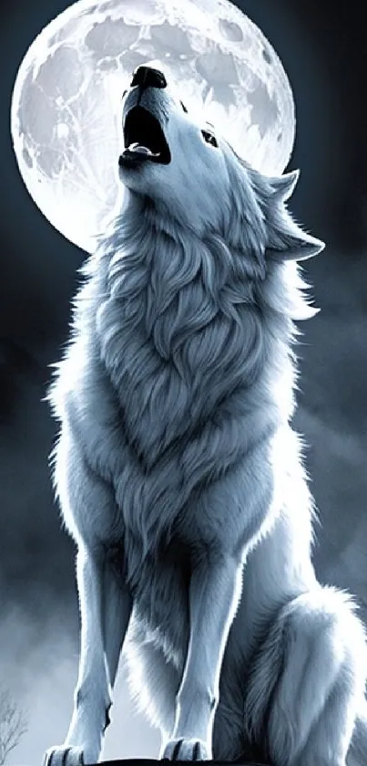 Majestic white wolf howling at the bright full moon.