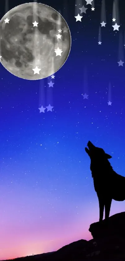 Wolf howling at the moon against a twilight sky wallpaper.