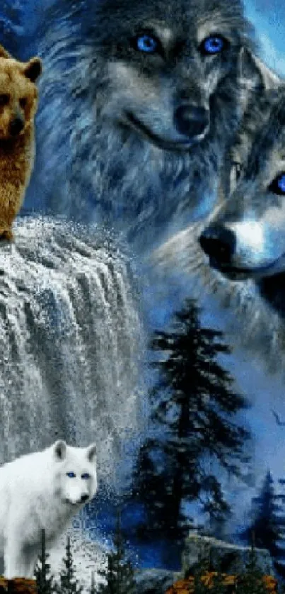 Majestic wallpaper with wolves, a bear, and waterfall in a forest setting.