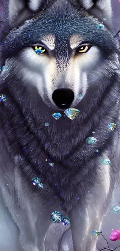 Majestic wolf surrounded by pink roses on a phone wallpaper.