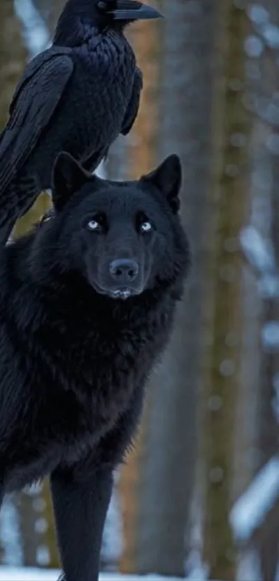 Black wolf and raven in snowy forest landscape.