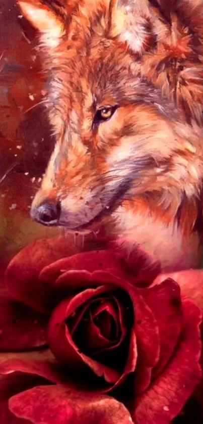 Majestic wolf with a red rose in artistic mobile wallpaper.