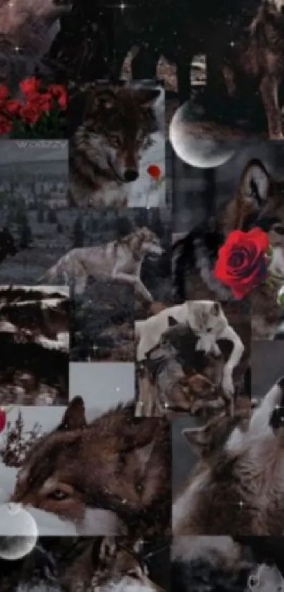 Collage of wolves and red roses under a moonlit forest sky.