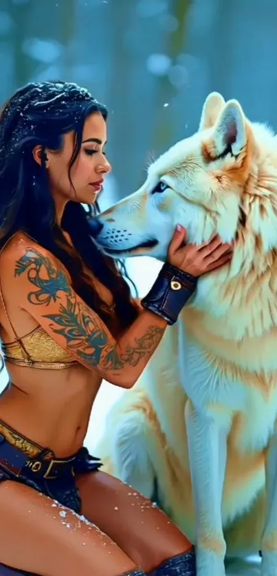 A warrior woman with a white wolf in a snowy setting.