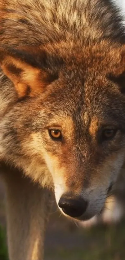 Close-up of a majestic wolf with amber eyes in nature.