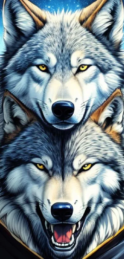 Two majestic wolves with vibrant blue background for mobile wallpaper.