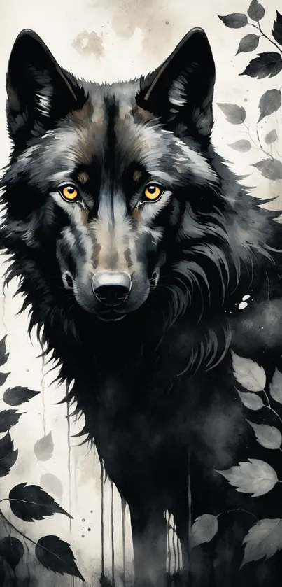 Majestic black wolf art with golden eyes and leaves.