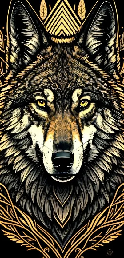 Intricate wolf artwork with gold details on a black background.