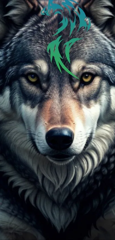 Majestic wolf with vivid colors on a phone wallpaper.