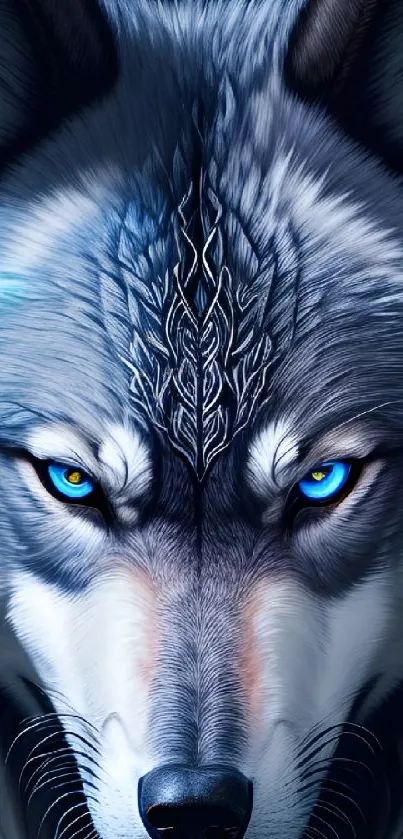 Intricate wolf artwork with vibrant blue eyes on a mobile wallpaper.