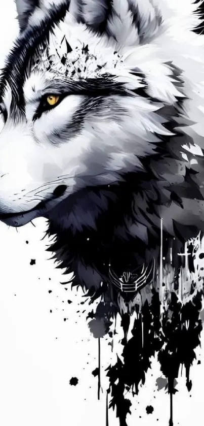 Black and white wolf art wallpaper with yellow eyes.