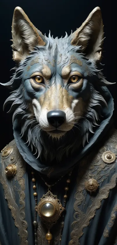 Majestic wolf in detailed artistic design cloak.