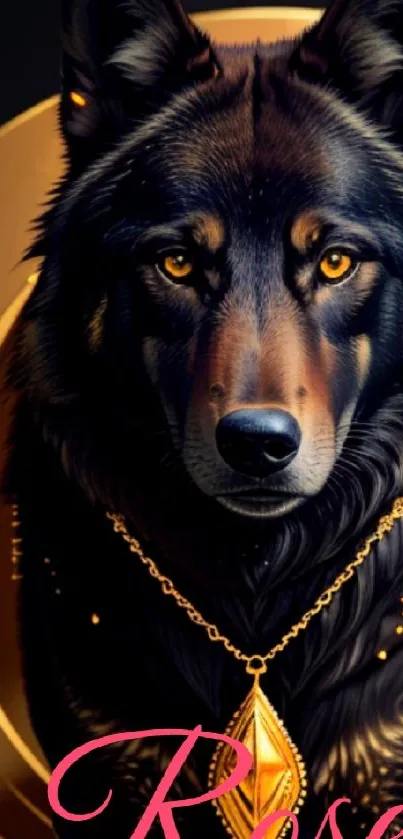 A majestic wolf with golden necklace on mobile wallpaper.