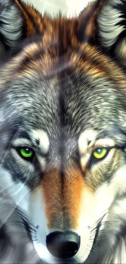 Realistic 3D wolf face with vivid green eyes in a detailed art design.