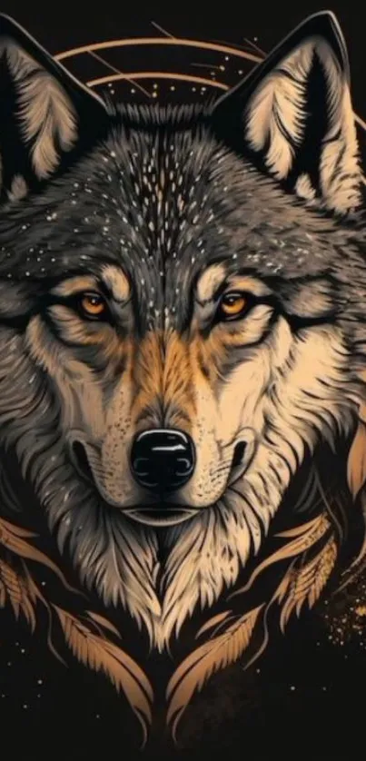 Majestic wolf design on a dark mobile wallpaper with nature elements.