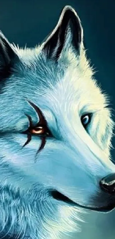 Majestic wolf artwork with blue hues and striking features.