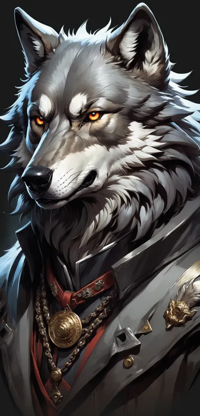 Majestic wolf in detailed attire with orange eyes.