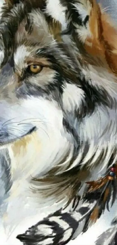 Majestic wolf artwork with feathers in brown and gray tones.