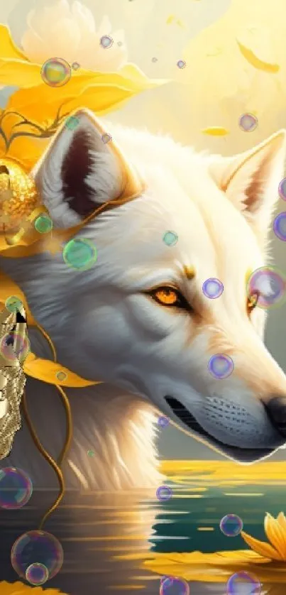 A majestic white wolf surrounded by golden leaves in a serene water setting.