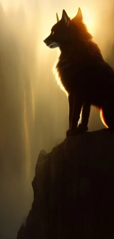 Silhouette of a wolf against dawn's amber glow on a cliff edge.