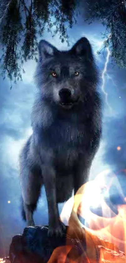 A majestic wolf stands boldly among dark blue hues in a dramatic night setting.