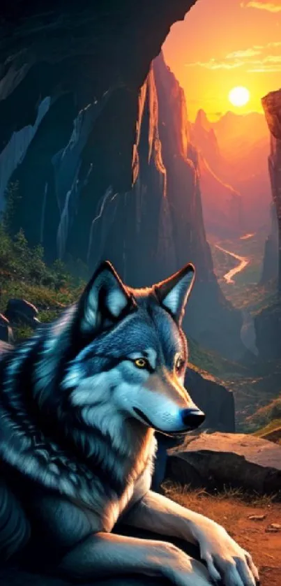 Beautiful wolf in a sunset-lit valley scene with mountains.