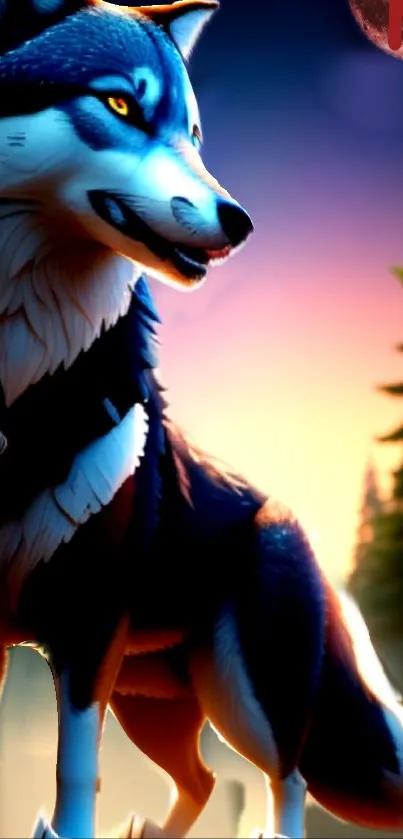 Majestic wolf standing in forest at sunset with vibrant sky.