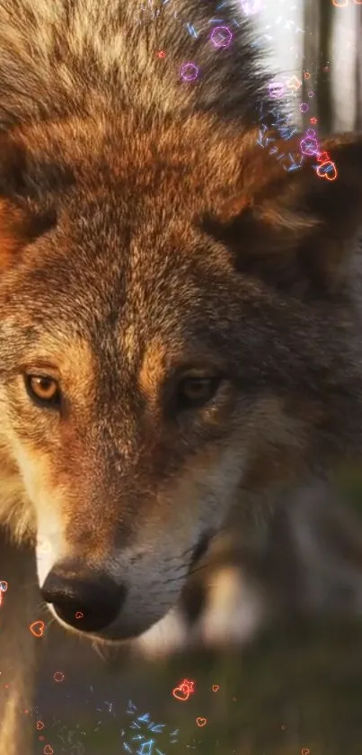 Majestic wolf with magical aura in forest wallpaper.