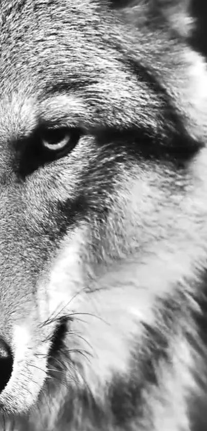 Close-up of a wolf in black and white, elegant and intense.