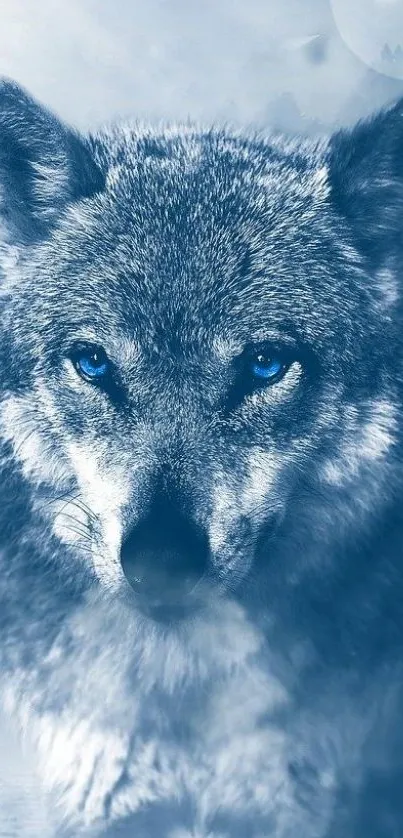 Majestic wolf in a serene blue landscape for mobile wallpaper.