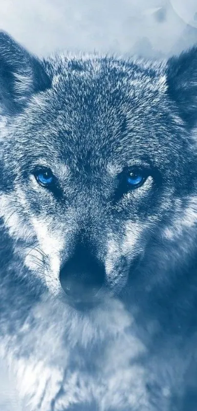 Blue-toned wallpaper of a majestic wolf in a serene landscape.