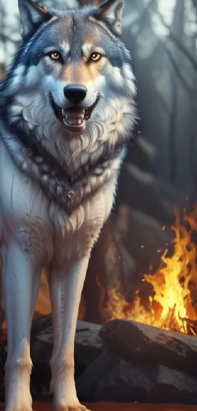 A majestic wolf stands by a glowing campfire in a dark forest setting.