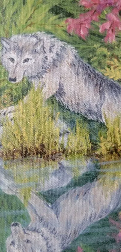 Artistic wallpaper of wolf by a serene lake, lush vegetation.