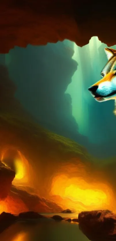 Majestic wolf in a glowing cave artwork for phone wallpaper.