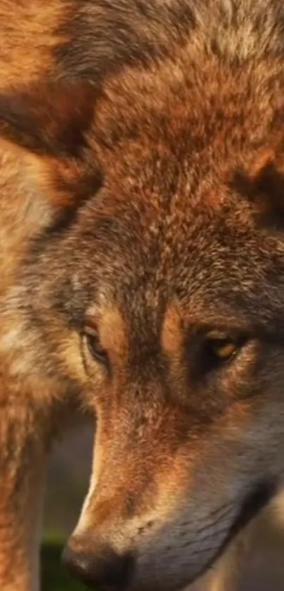 Close-up of a majestic wolf displaying intense gaze and brown fur.