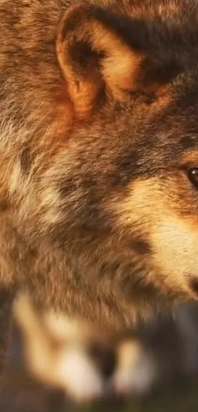 Close-up of a majestic wolf with warm brown tones and detailed fur.