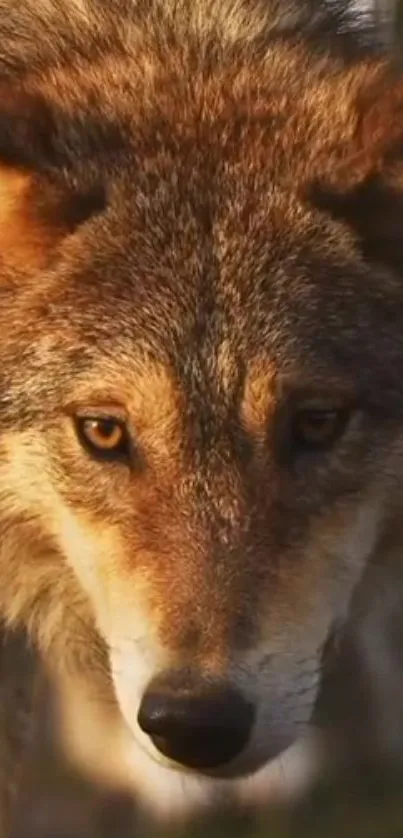 Close-up of a majestic wolf with captivating eyes and brown fur.