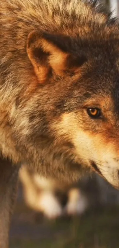 Close-up of a majestic wolf with piercing eyes in a natural setting.