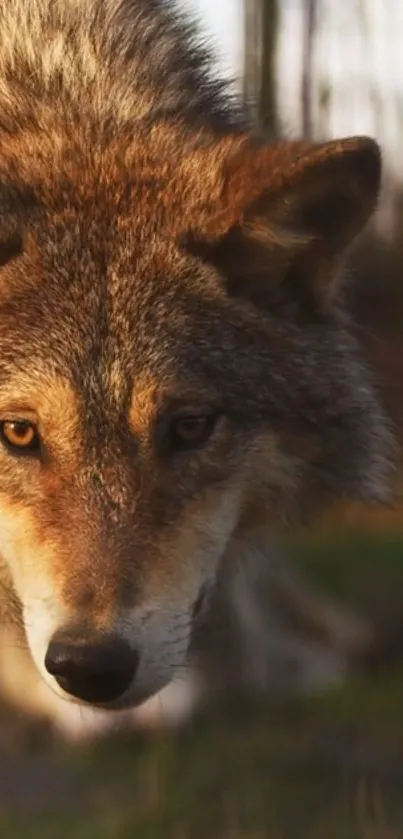 Close-up of a wolf, highlighting its expressive eyes and detailed fur in natural light.