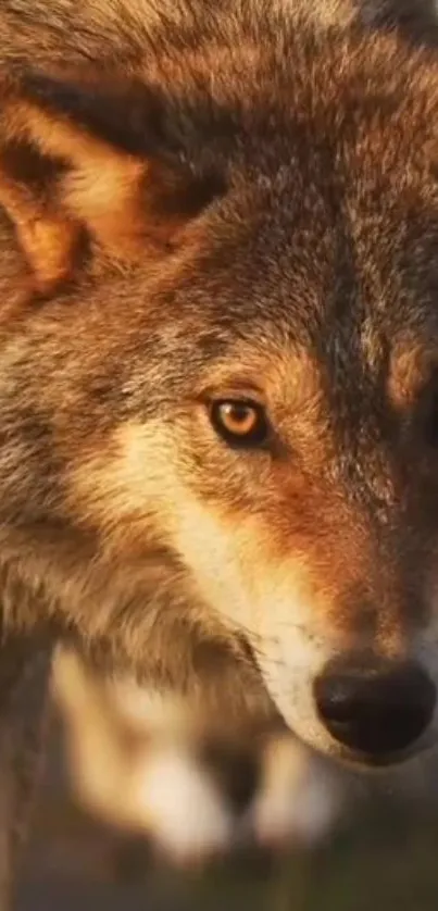 Close-up of a majestic wolf with intense eyes and rich fur texture.